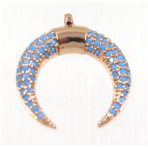 copper Crescent moon pendant paved zircon, rose gold, turq, approx 17mm dia [FDZN2388]