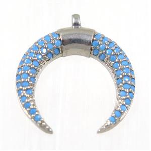 copper Crescent moon pendant paved zircon, platinum plated, turq, approx 17mm dia [FDZN2389]