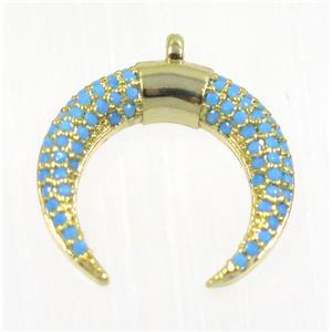 copper Crescent moon pendant paved zircon, gold plated, turq, approx 17mm dia [FDZN2390]