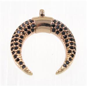 copper Crescent moon pendant paved black zircon, rose gold, approx 17mm dia [FDZN2393]