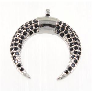 copper Crescent moon pendant paved black zircon, platinum plated, approx 17mm dia [FDZN2394]