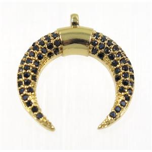 copper Crescent moon pendant paved black zircon, gold plated, approx 17mm dia [FDZN2395]