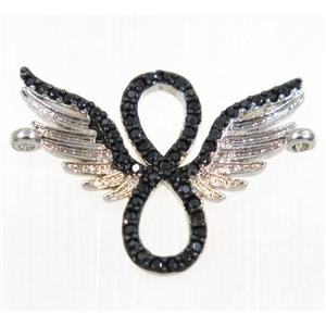 copper angel wing pendant paved zircon with 2loops, platinum plated, approx 18x25mm [FDZN2404]