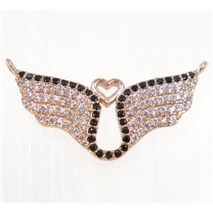 copper bat pendant paved zircon with 2loops, rose gold, approx 12x25mm [FDZN2407]