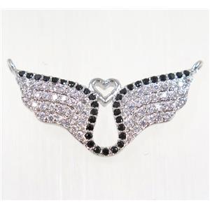 copper bat pendant paved zircon with 2loops, platinum plated, approx 12x25mm [FDZN2408]
