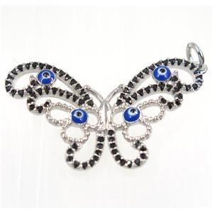 copper butterfly pendant paved zircon with evil eye, platinum plated, approx 18x30mm [FDZN2413]