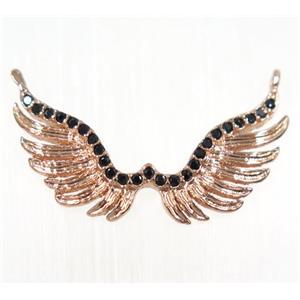 copper angel wing pendant paved zircon with 2loops, rose gold, approx 11x24mm [FDZN2417]