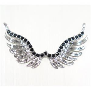 copper angel wing pendant paved zircon with 2loops, platinum plated, approx 11x24mm [FDZN2418]