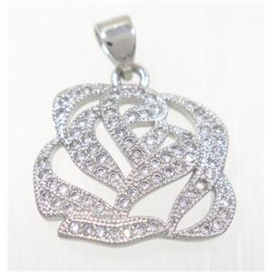 copper flower pendant paved zircon, platinum plated, approx 16x18mm [FDZN2422]