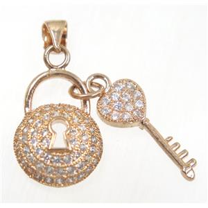 copper lock-key pendant paved zircon, rose gold, approx 8-18mm [FDZN2425]