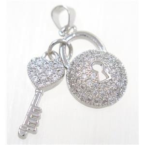 copper lock-key pendant paved zircon, platinum plated, approx 8-18mm [FDZN2426]