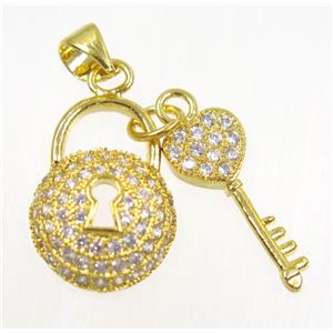 copper lock-key pendant paved zircon, gold plated, approx 8-18mm [FDZN2427]