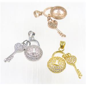 copper lock-key charm pendant paved zircon, mix color, approx 8-18mm [FDZN2428]