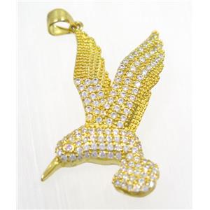 copper Hummingbird pendant paved zircon, gold plated, approx 20x35mm [FDZN2435]