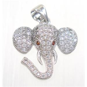copper elephant pendant paved zircon, platinum plated, approx 16x18mm [FDZN2438]