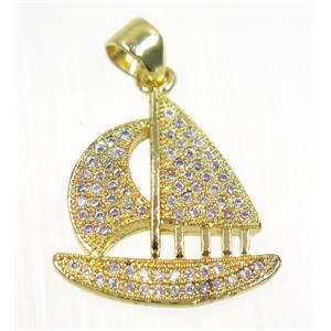 copper Sailing Boat pendant paved zircon, gold plated, approx 18x18mm [FDZN2443]