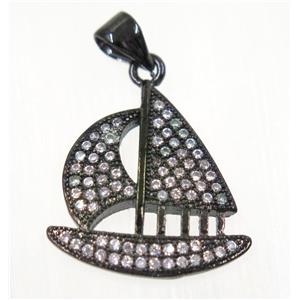 copper Sailing Boat pendant paved zircon, black plated, approx 18x18mm [FDZN2444]