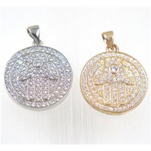copper Hamsahand pendant paved zircon, mix color, approx 20mm dia [FDZN2448]