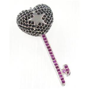 copper Key pendant paved zircon, platinum plated, approx 16-38mm [FDZN2459]
