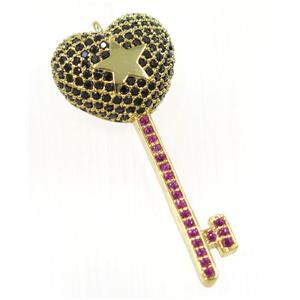 copper Key pendant paved zircon, gold plated, approx 16-38mm [FDZN2460]