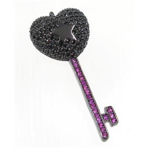 copper Key pendant paved zircon, black plated, approx 16-38mm [FDZN2461]