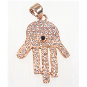 copper Hamsahand pendant paved zircon, rose gold, approx 17x22mm [FDZN2471]