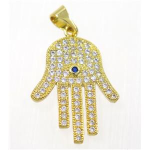 copper Hamsahand pendant paved zircon, gold plated, approx 17x22mm [FDZN2473]