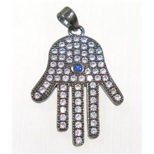 copper Hamsahand pendant paved zircon, black plated, approx 17x22mm [FDZN2474]