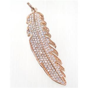 copper Feather pendant paved zircon, rose gold, approx 12x42mm [FDZN2486]