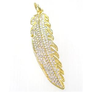 copper Feather pendant paved zircon, gold plated, approx 12x42mm [FDZN2488]