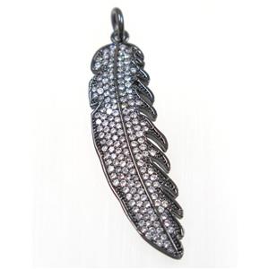 copper Feather pendant paved zircon, black plated, approx 12x42mm [FDZN2489]