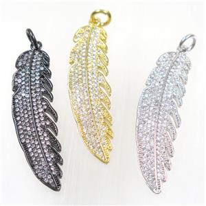 copper Feather pendant paved zircon, mix color, approx 12x42mm [FDZN2490]