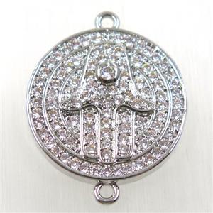 copper hamsahand connector paved zircon, platinum plated, approx 20mm dia [FDZN2539]