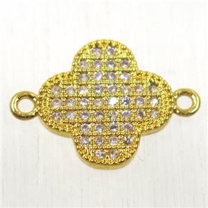 copper connector paved zircon, four-leaf Clover, gold plated, approx 13mm dia [FDZN2548]