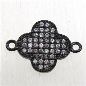 copper connector paved zircon, four-leaf Clover, black plated, approx 13mm dia [FDZN2550]