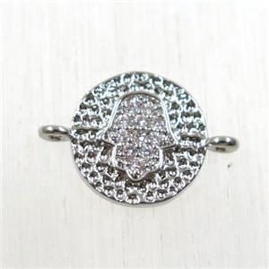 copper circle connector paved zircon with hamsahand, platinum plated, approx 9mm dia [FDZN2558]