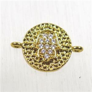 copper circle connector paved zircon with hamsahand, gold plated, approx 9mm dia [FDZN2559]