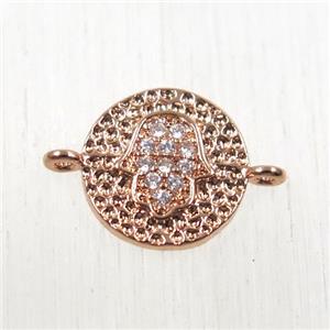 copper circle connector paved zircon with hamsahand, rose gold, approx 9mm dia [FDZN2560]