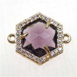purple crystal glass hexagon connector paved zircon, gold plated, approx 15mm dia [FDZN2562]