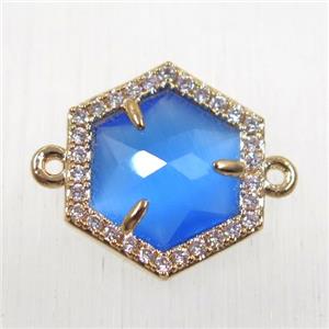 blue crystal glass hexagon connector paved zircon, gold plated, approx 15mm dia [FDZN2563]