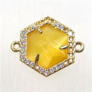 yellow crystal glass hexagon connector paved zircon, gold plated, approx 15mm dia [FDZN2564]