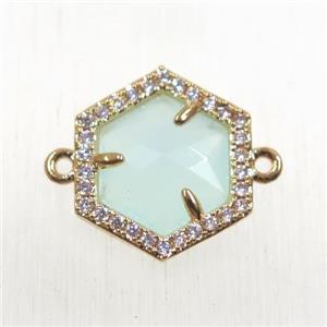 whitegreen crystal glass hexagon connector paved zircon, gold plated, approx 15mm dia [FDZN2566]
