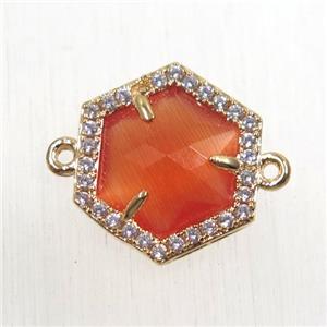 orange crystal glass hexagon connector paved zircon, gold plated, approx 15mm dia [FDZN2567]
