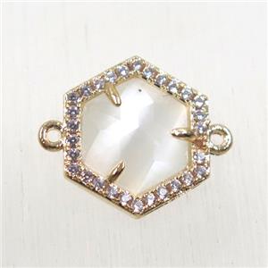 white crystal glass hexagon connector paved zircon, gold plated, approx 15mm dia [FDZN2568]