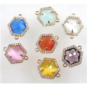 mix color crystal glass hexagon connector paved zircon, gold plated, approx 15mm dia [FDZN2570]