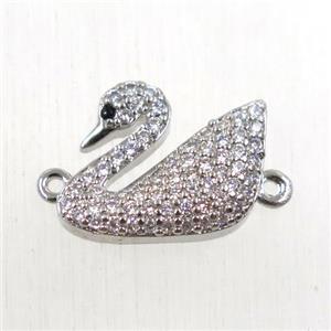copper swan connector paved zircon, platinum plated, approx 13-15mm [FDZN2579]
