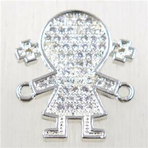 copper girls connector paved zircon, cartoon, silver plated, approx 16-18mm [FDZN2580]