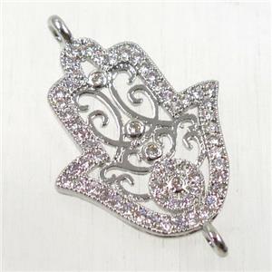 copper hamsahand connector paved zircon, platinum plated, approx 16-20mm [FDZN2592]