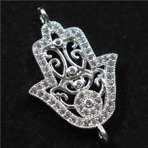 copper hamsahand connector paved zircon, silver plated, approx 16-20mm [FDZN2596]