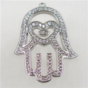 copper hamsahand pendant pave zircon, platinum plated, approx 25-35mm [FDZN2627]